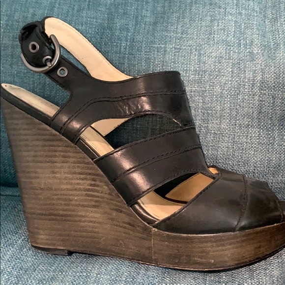COACH BLACK LEATHER WOOD WEDGES SIZE 8.5 - Picture 1 of 3